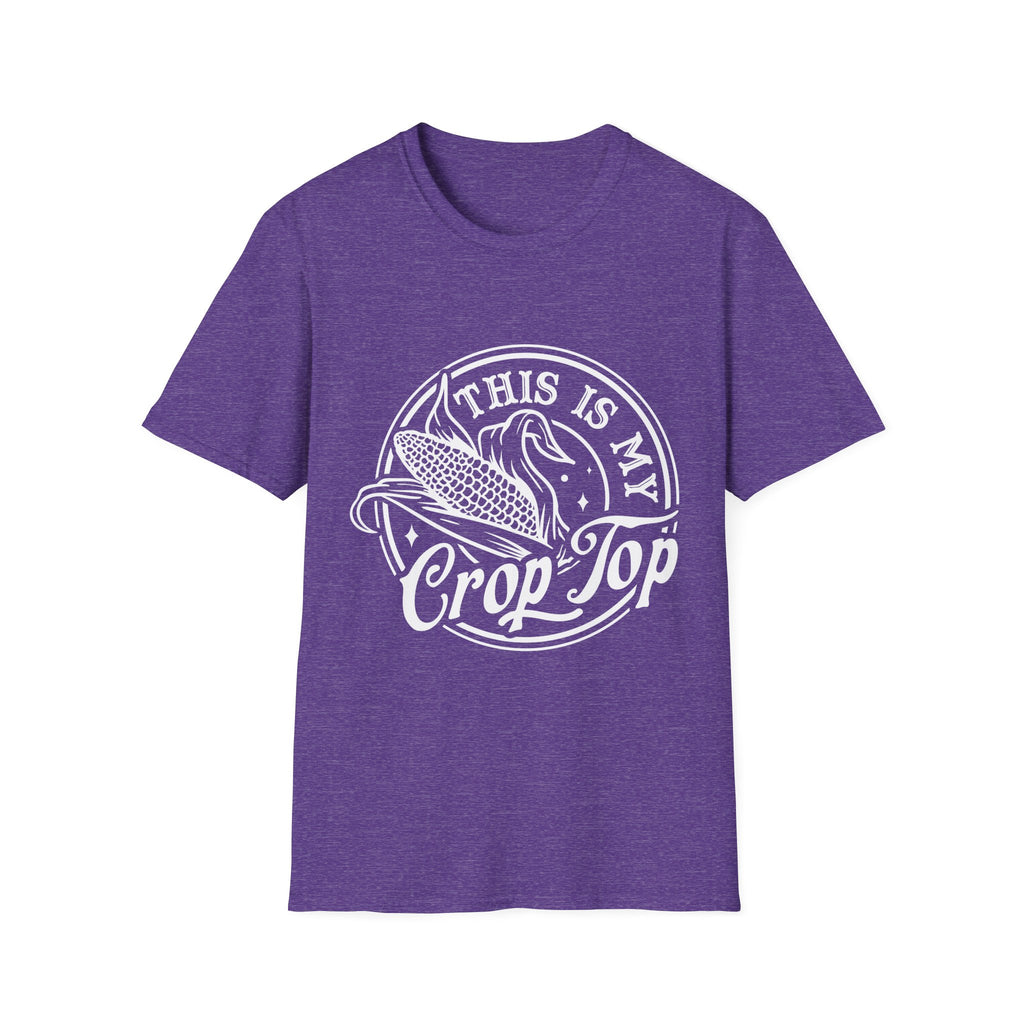 Purple t-shirt with white graphic and text on a white background