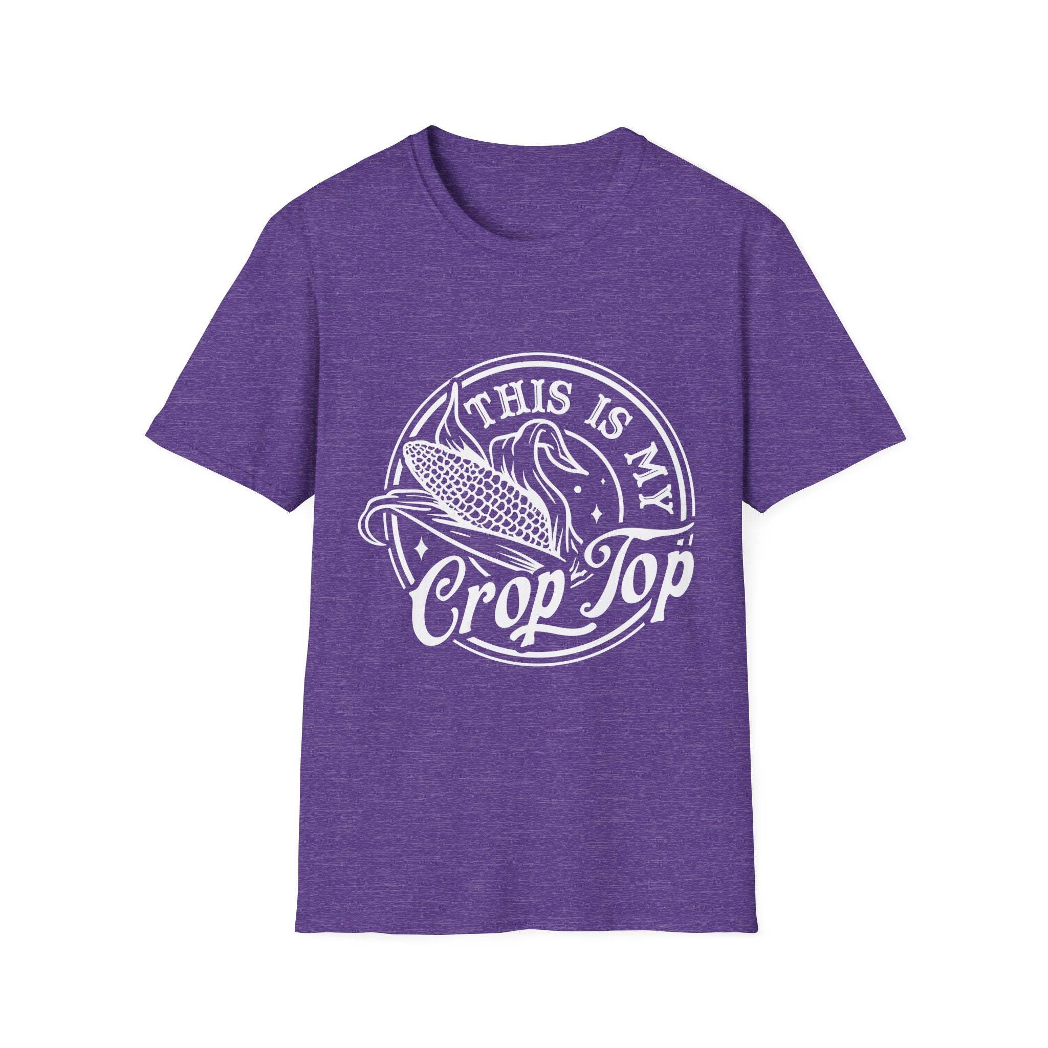 Purple t-shirt with white graphic and text on a white background