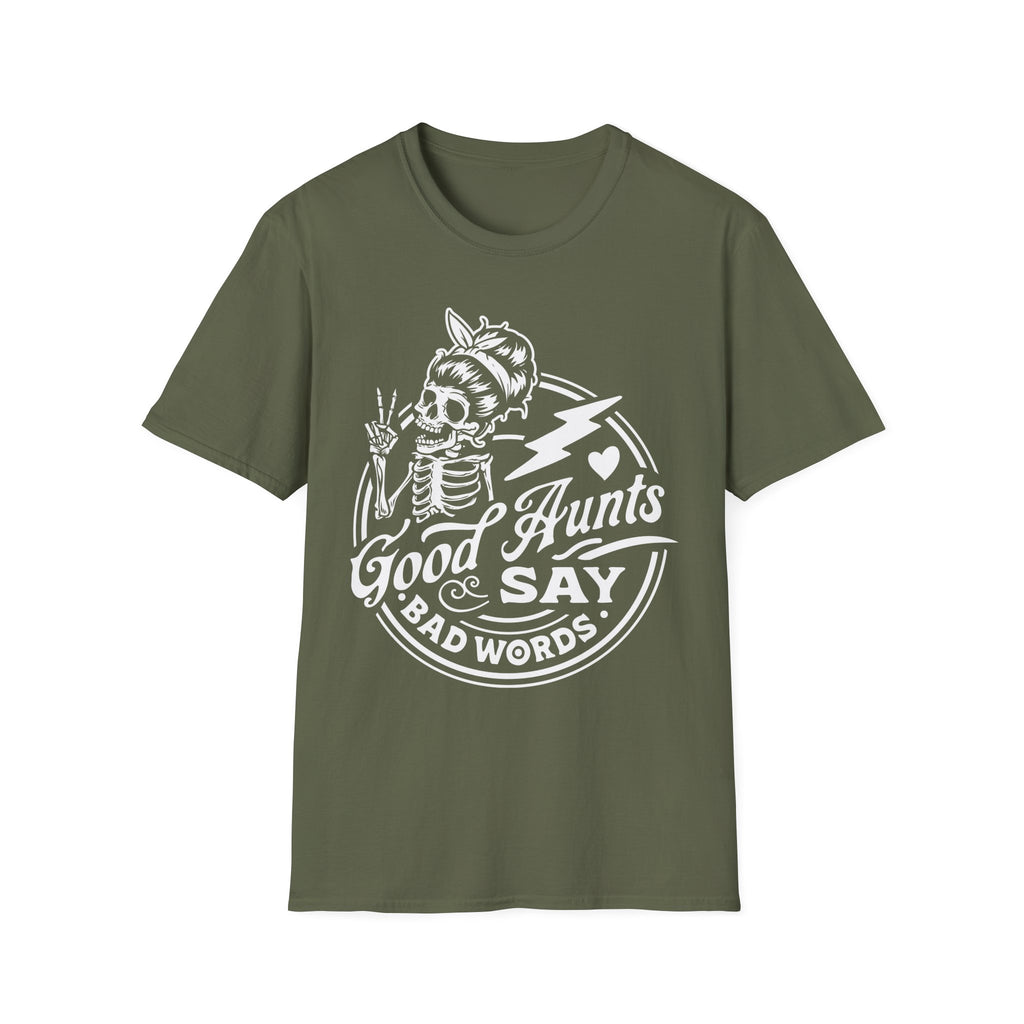Green t-shirt with white graphic and text on a white background