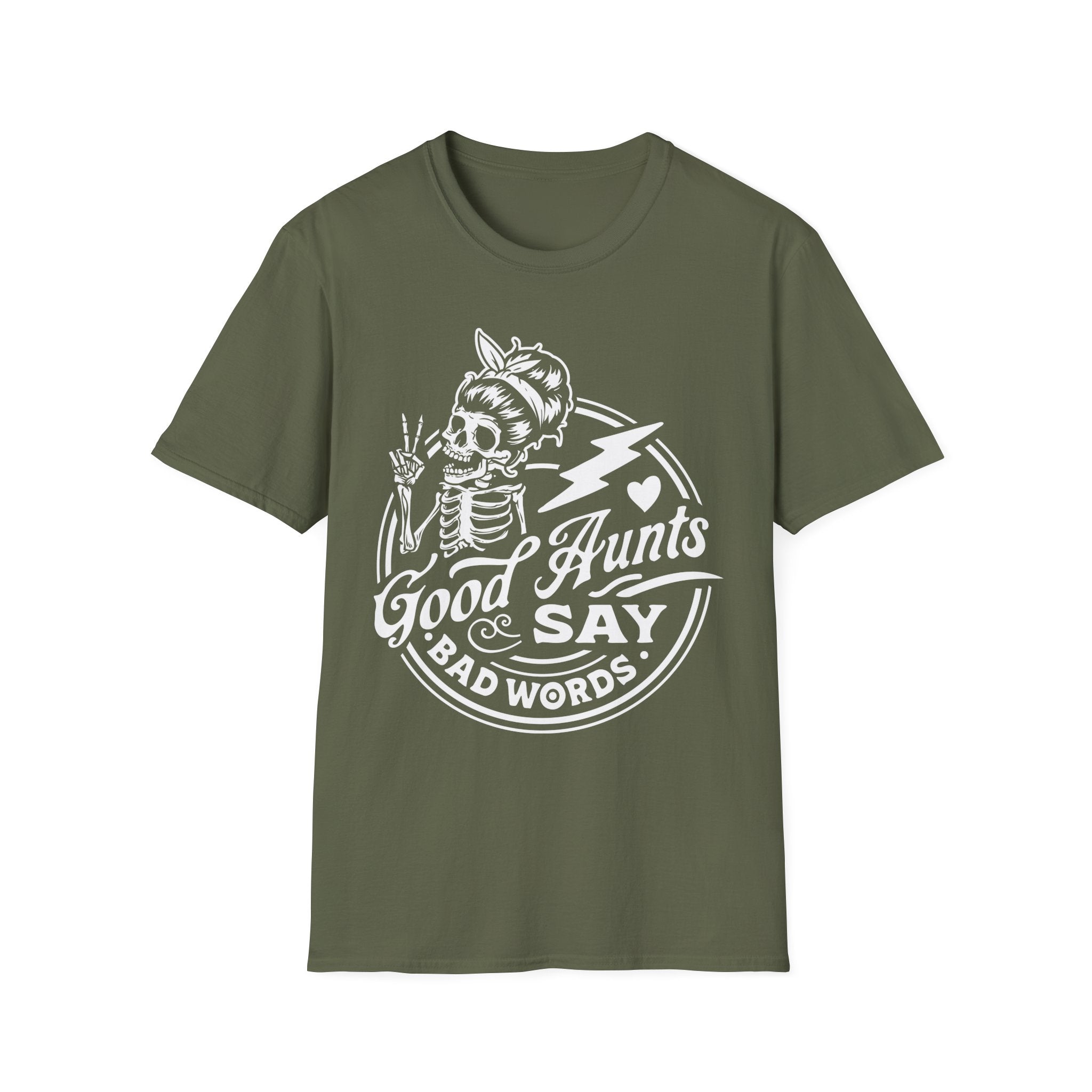 Green t-shirt with white graphic and text on a white background