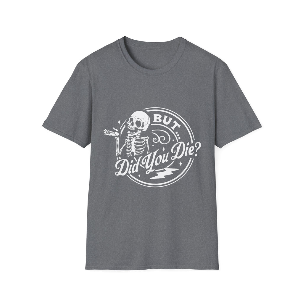 Gray t-shirt with a skeleton graphic and text on a white background