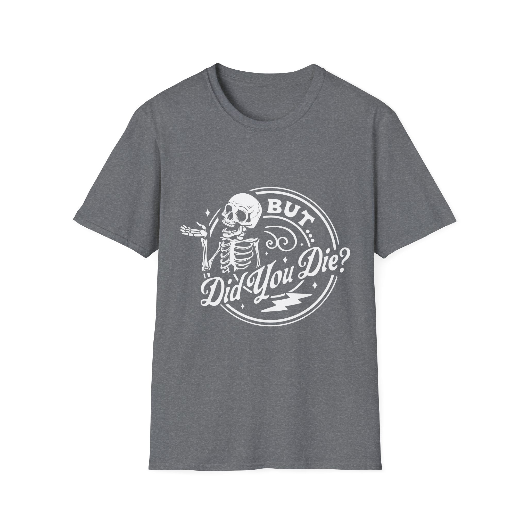 Gray t-shirt with a skeleton graphic and text on a white background