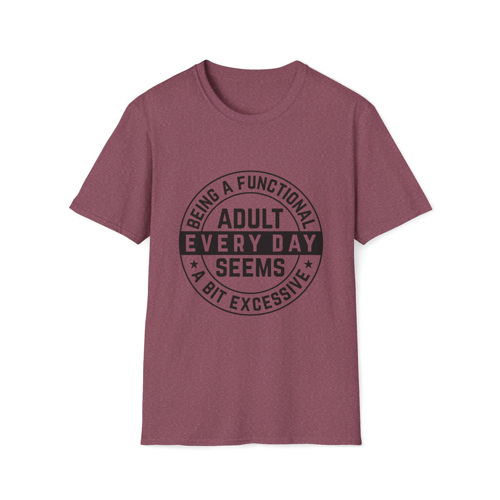 Maroon t-shirt with black text on a white background