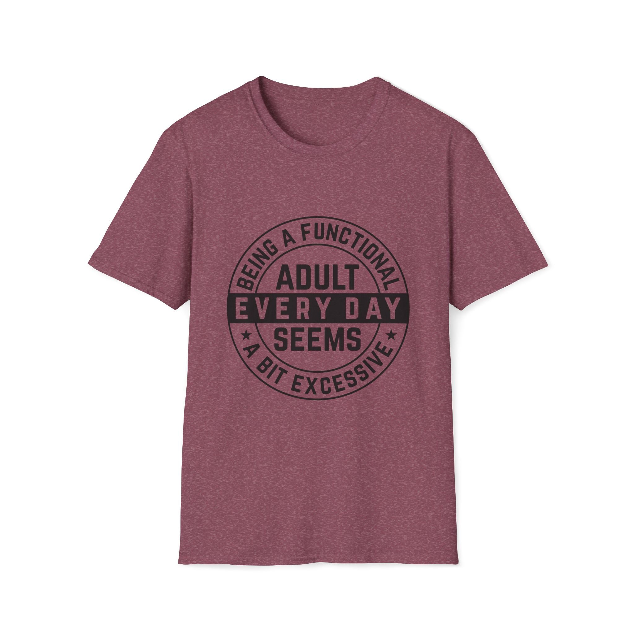 Maroon t-shirt with black text on a white background