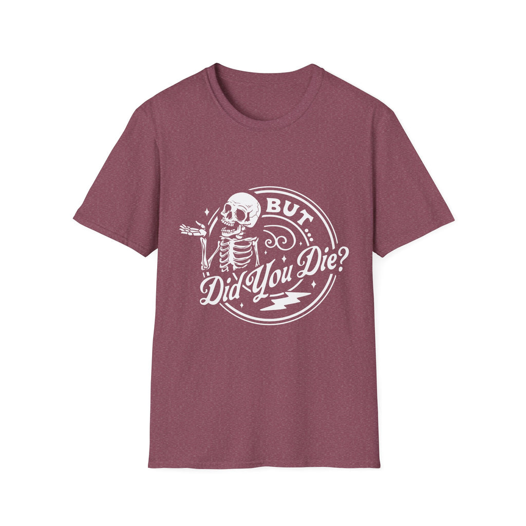 Maroon t-shirt with skeleton graphic and text on a white background