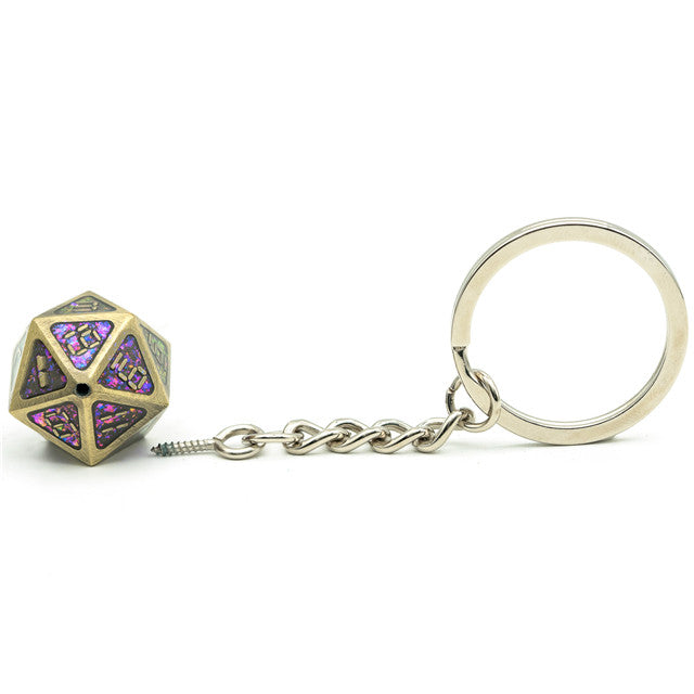 D20 polyhedral dice keychain with purple gem on a white background