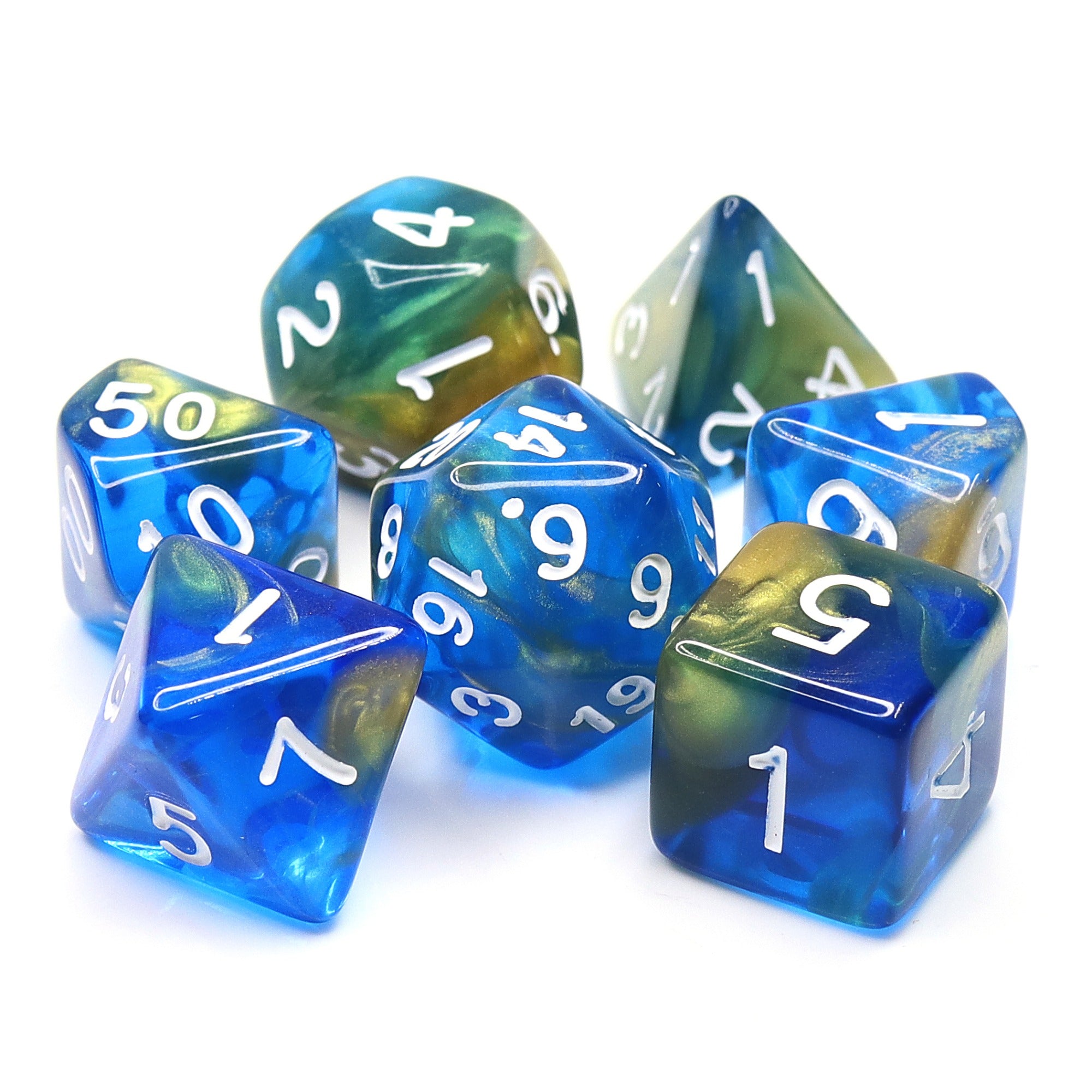 Set of blue and green dice with white numbers on a white background