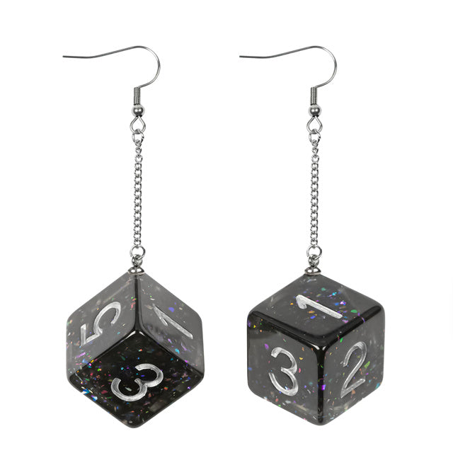 Black dice-shaped earrings with silver numbers on a white background