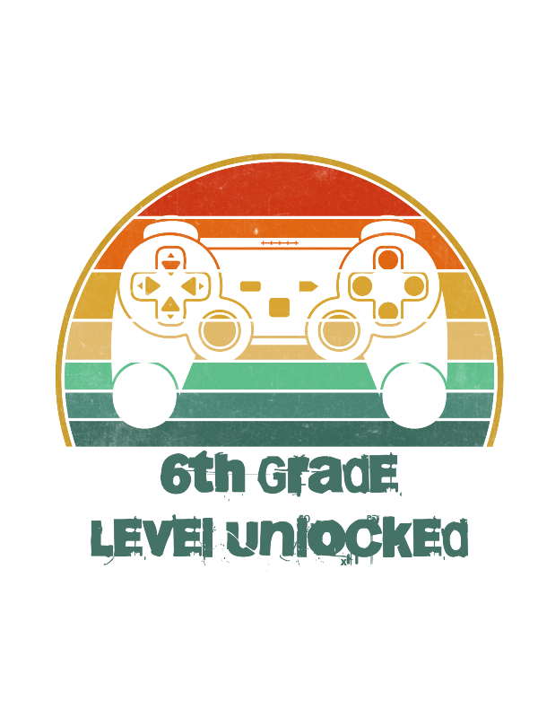 -retro video game controller design with '6th Grade Level Unlocked' text on a white background