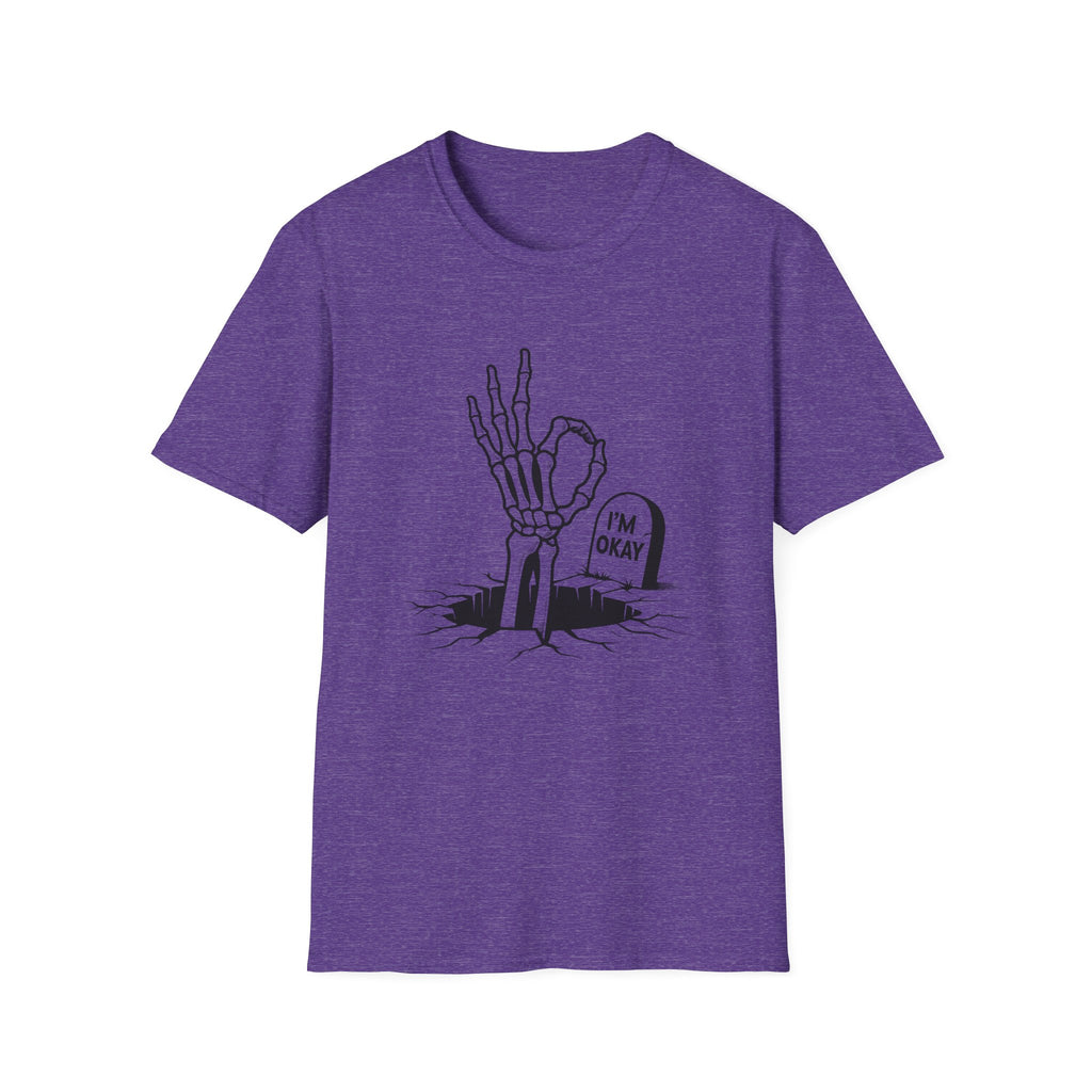 Purple t-shirt with a skeleton hand graphic and text on a white background