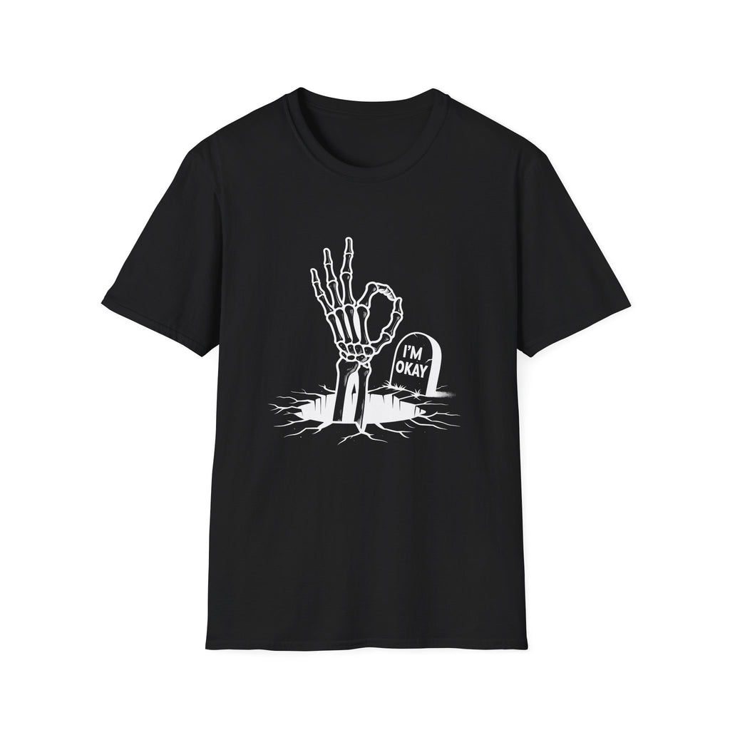 Black t-shirt with a white graphic of a skeleton hand and tombstone on a white background
