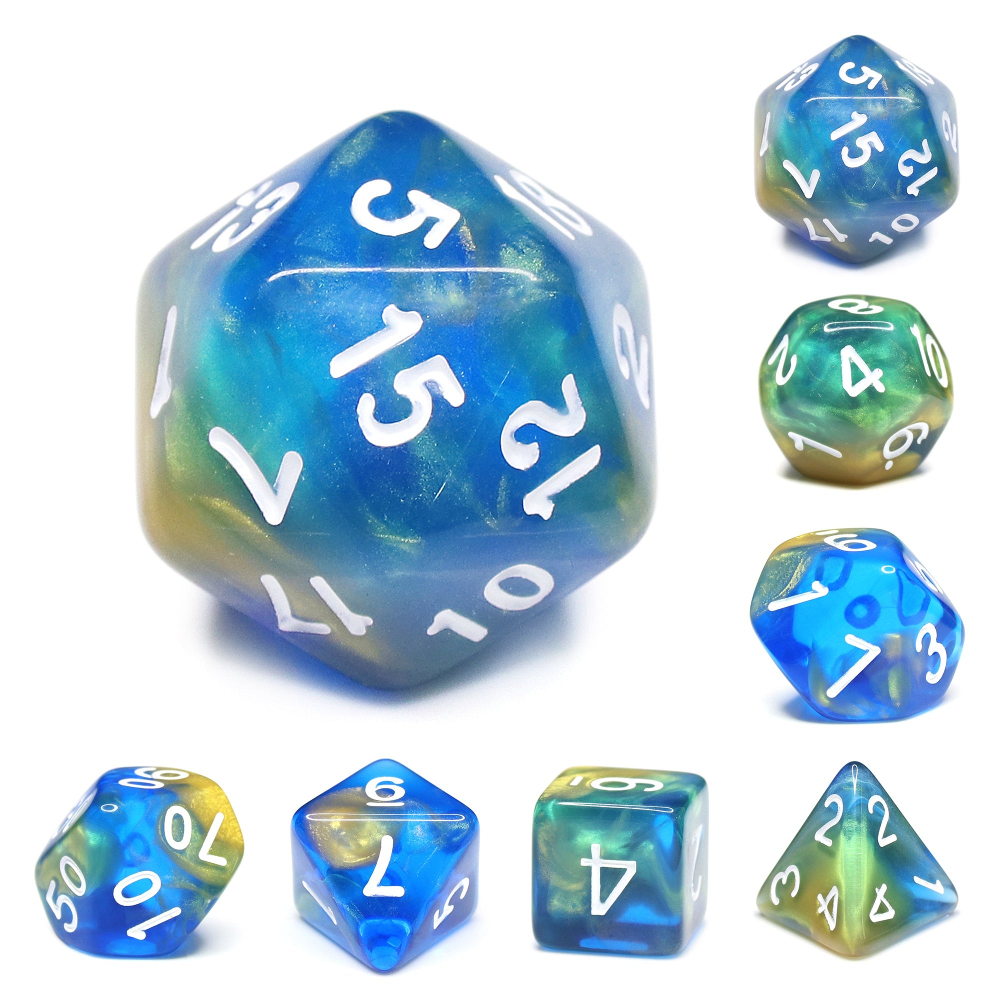 Set of polyhedral dice with blue and green marbled pattern on a white background