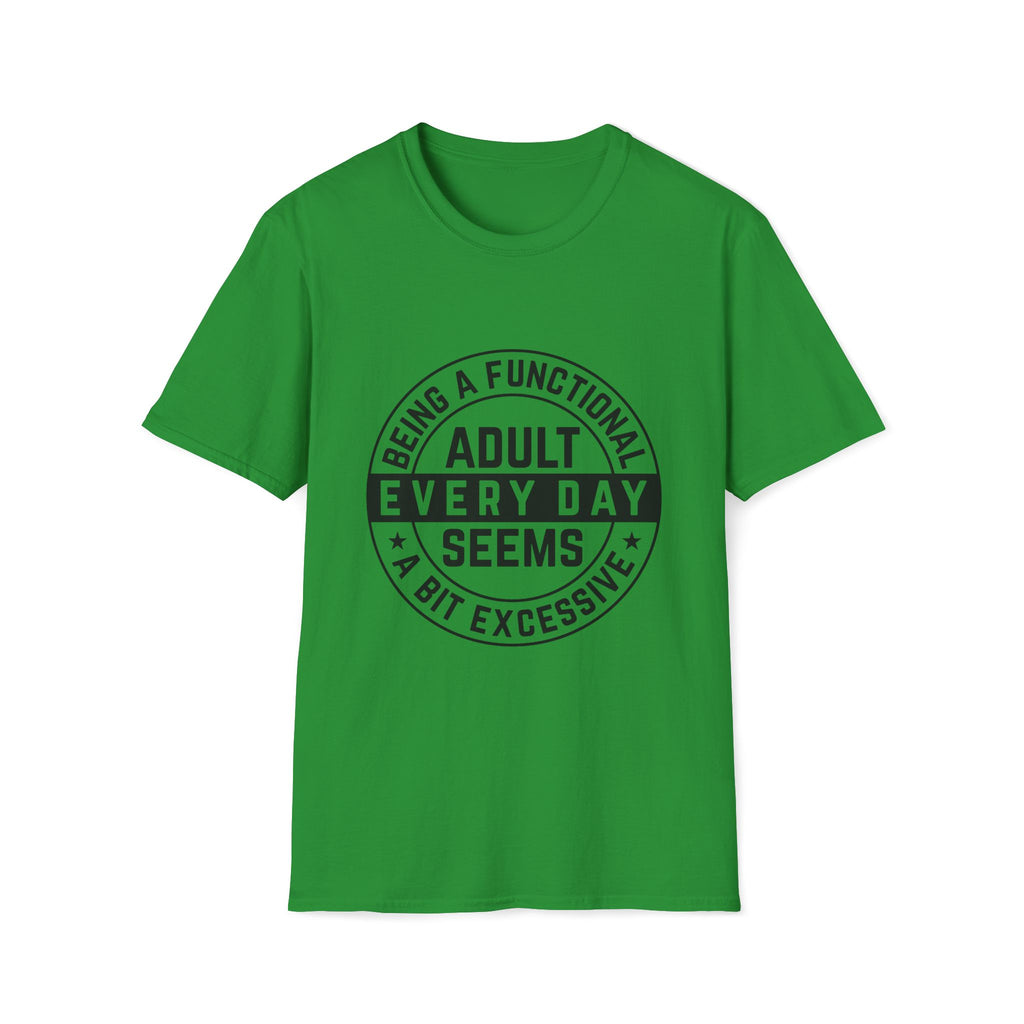 Green t-shirt with black text on a white background