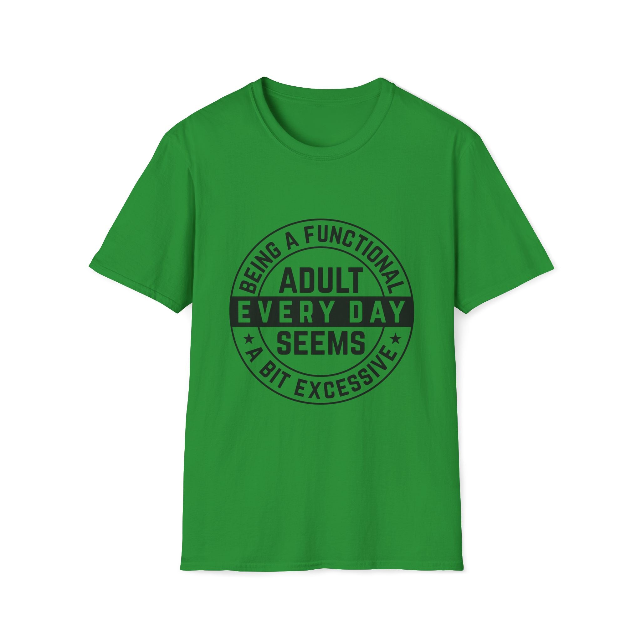 Green t-shirt with black text on a white background