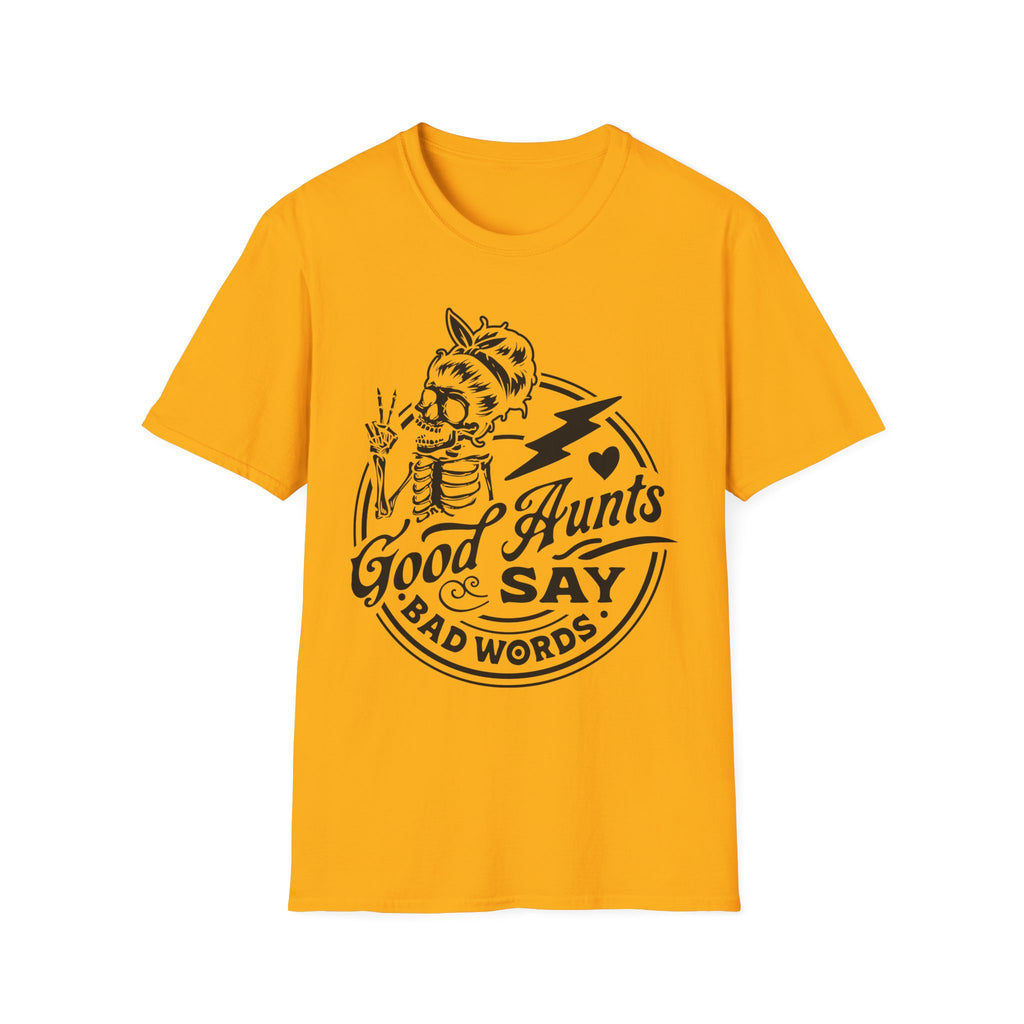 Yellow t-shirt with black graphic and text on a white background
