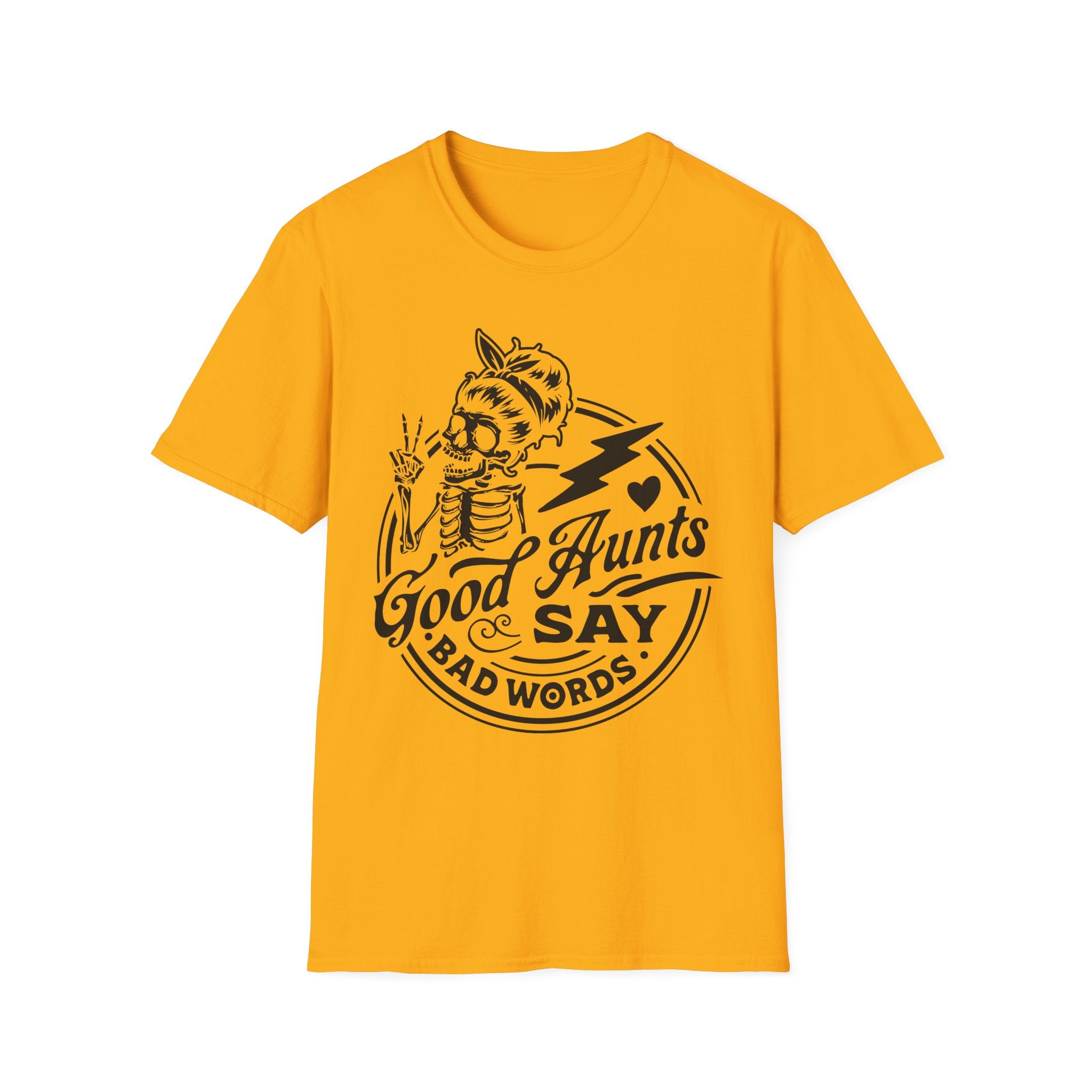 Yellow t-shirt with black graphic and text on a white background
