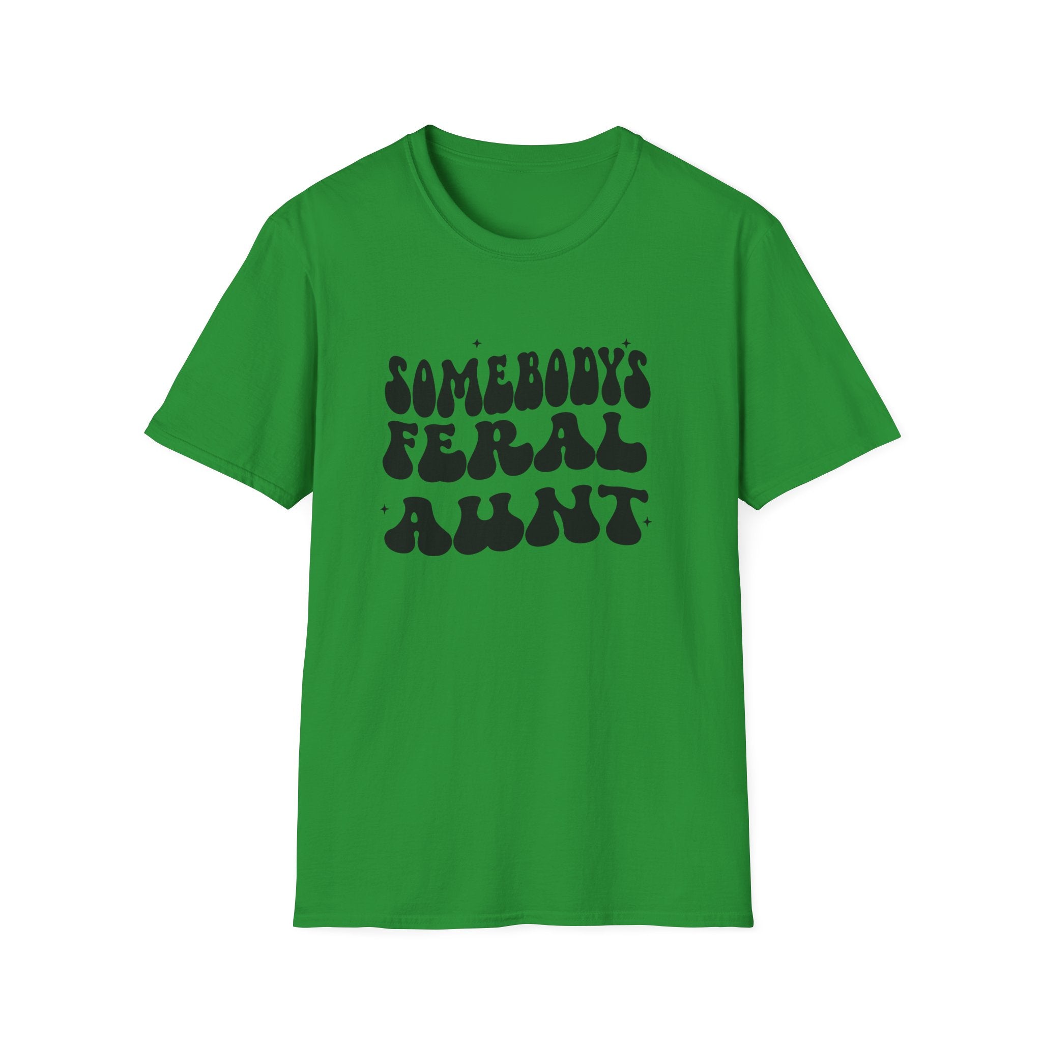 Green t-shirt with black text on a white background