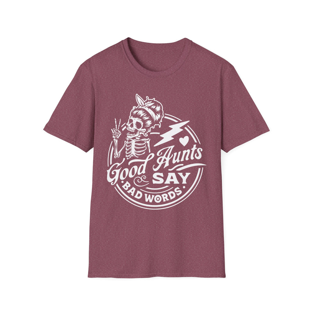 Maroon t-shirt with white graphic and text on a white background