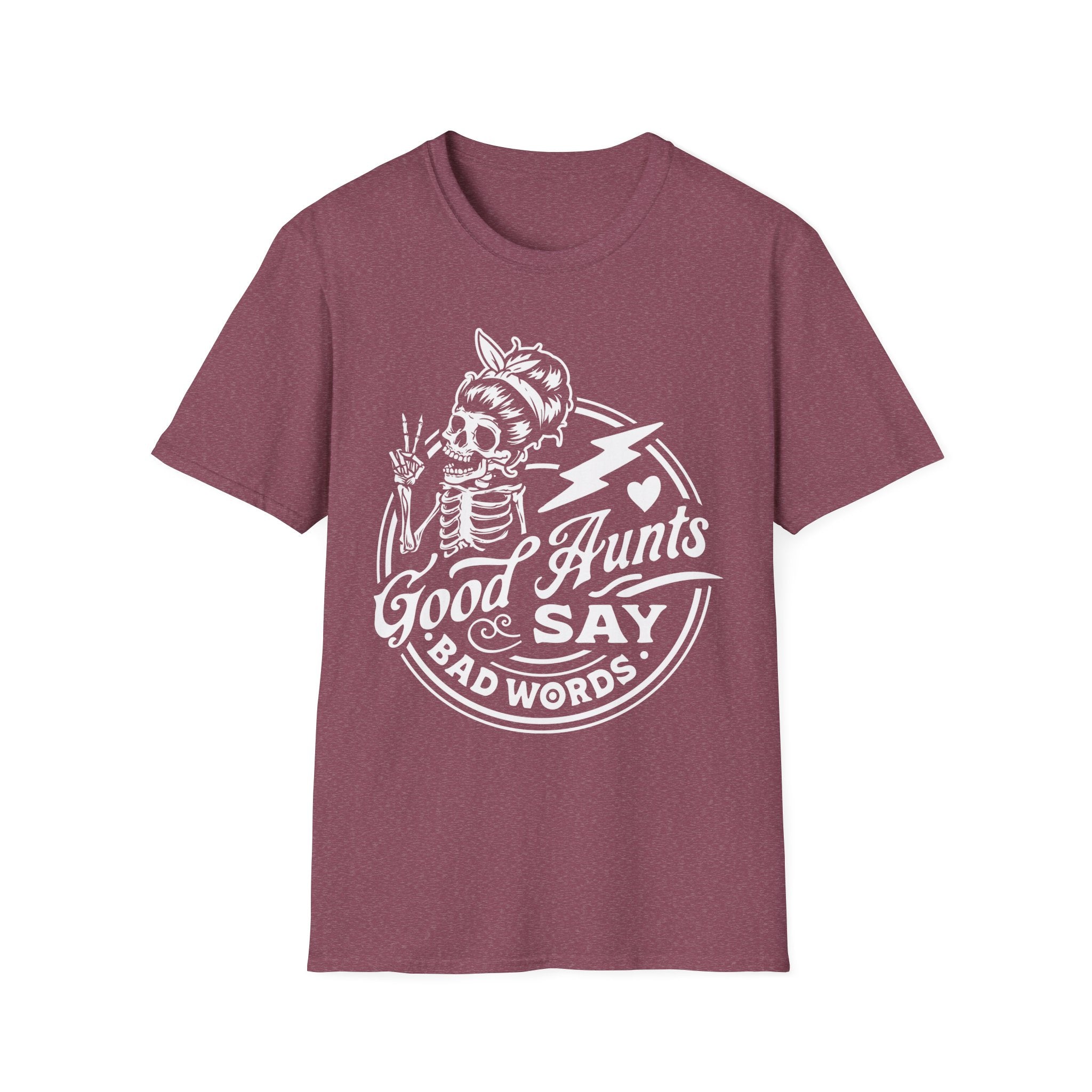 Maroon t-shirt with white graphic and text on a white background