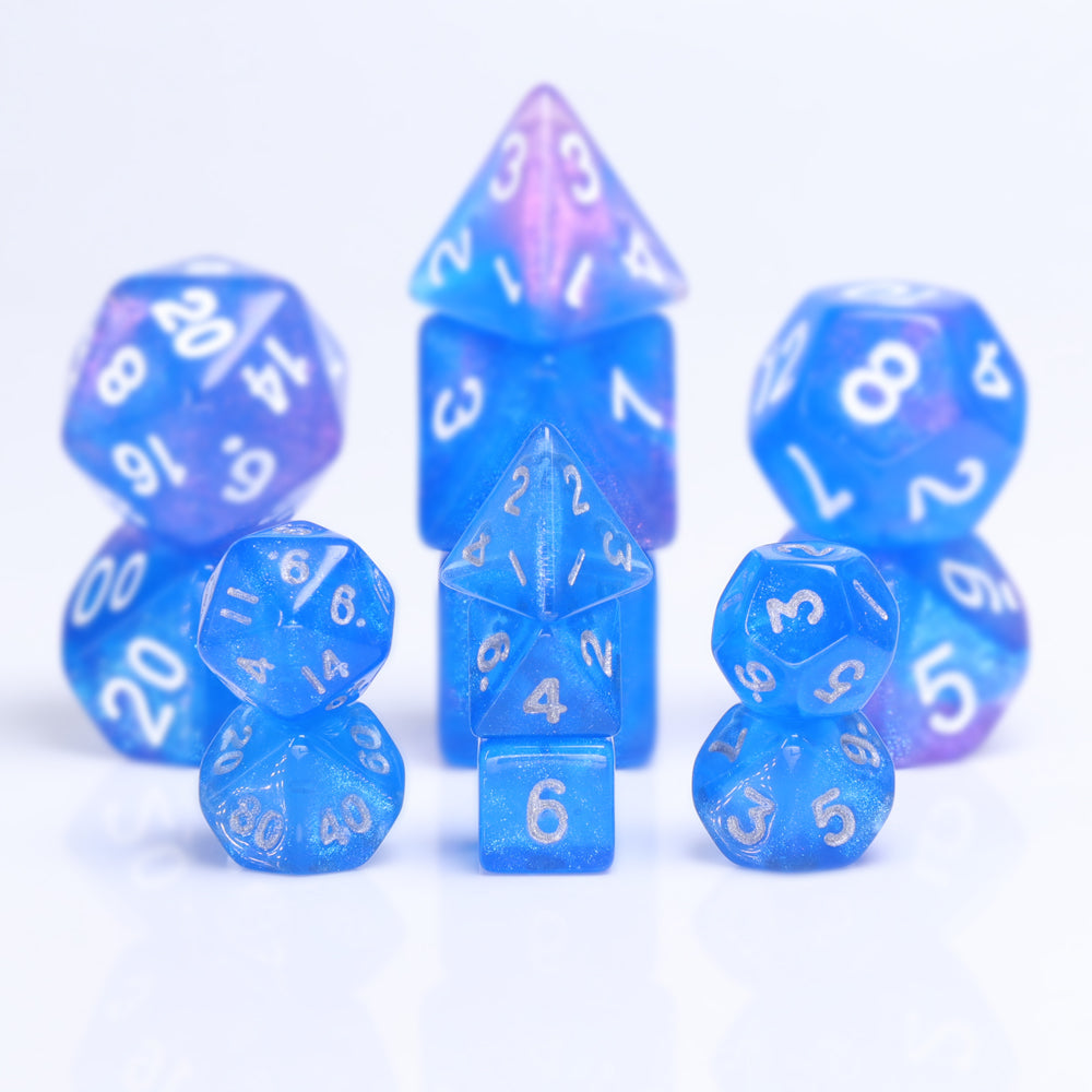 Glitter 7-Dice Mini-Dice RPG Set Blue w/Silver Numbers Miniature Dice