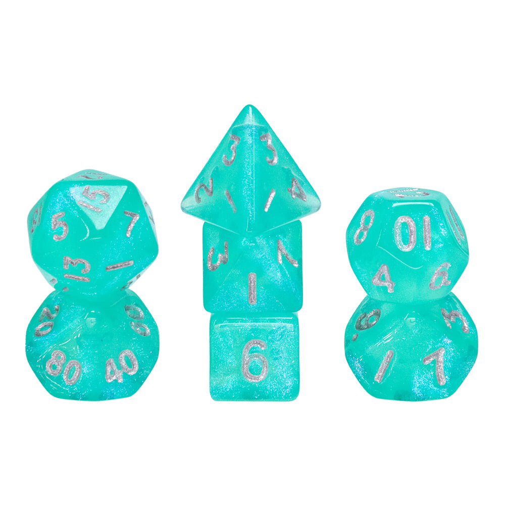 Glitter Teal 7-Dice Mini-Dice RPG Set w/Silver Numbers Miniature Dice