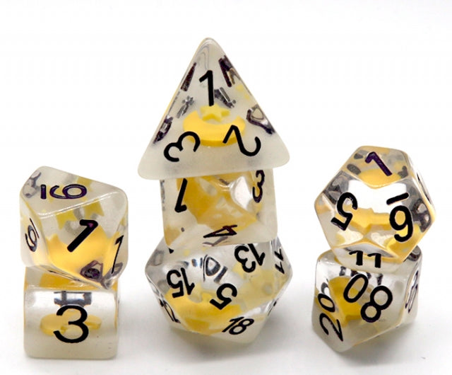 Set of dice with yellow and black numbers on a white background