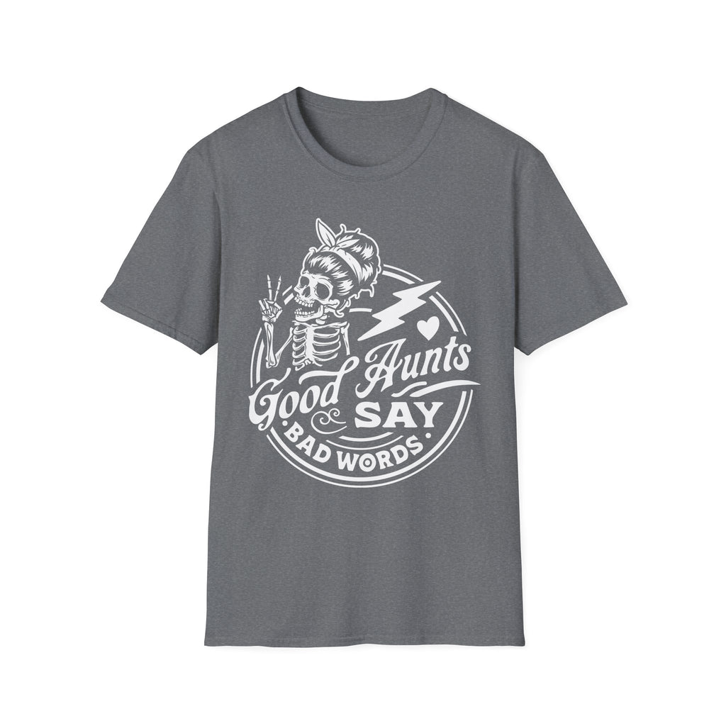 Gray t-shirt with white graphic and text on a white background