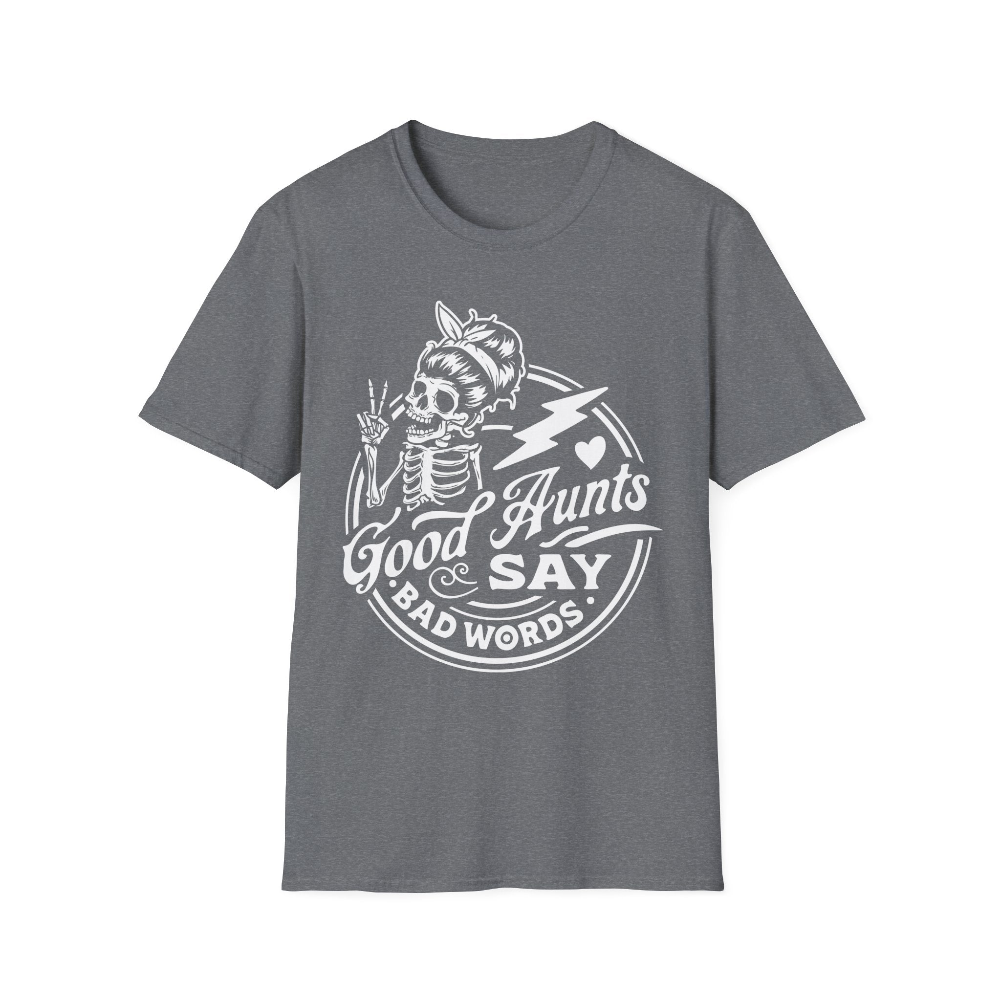 Gray t-shirt with white graphic and text on a white background
