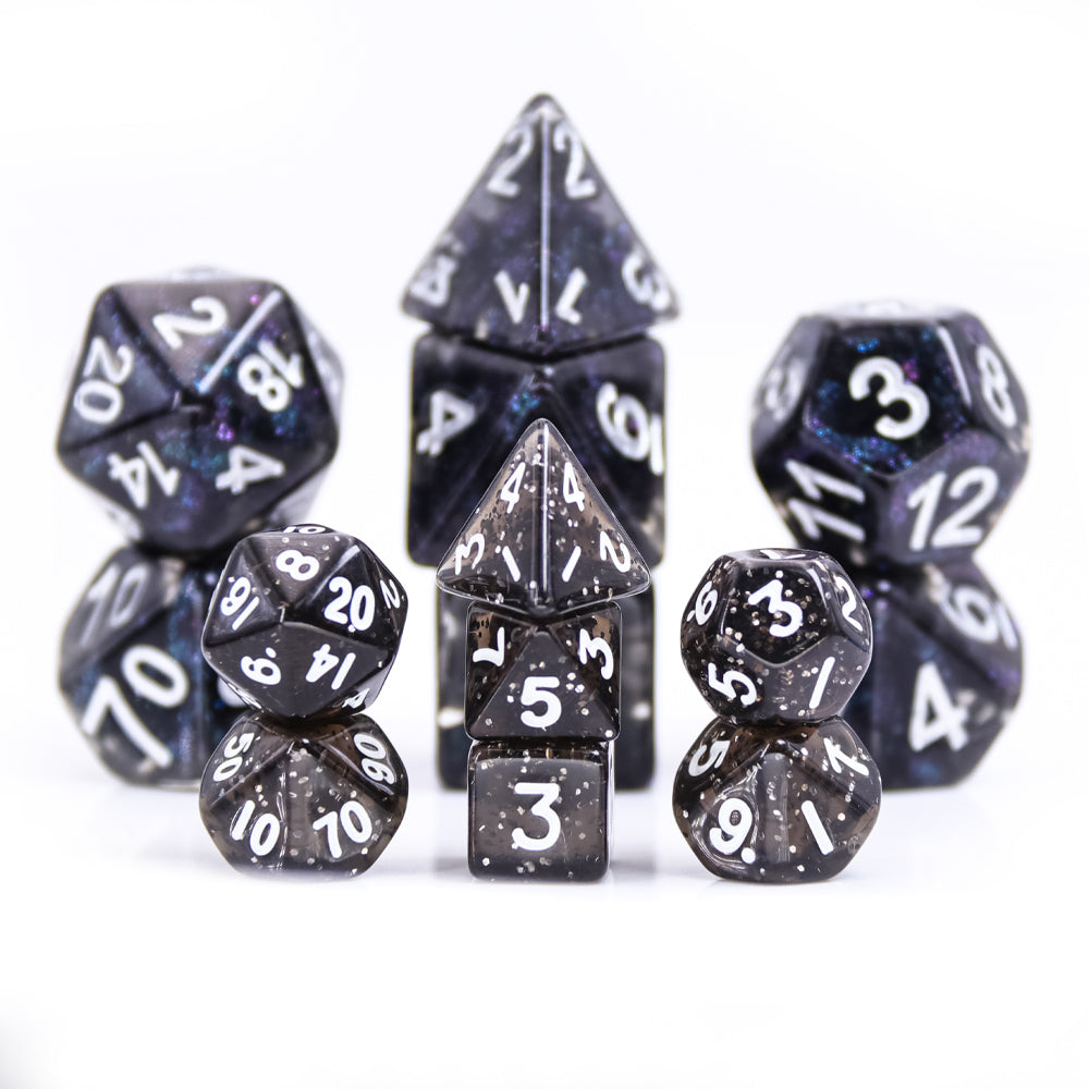 Glitter 7-Dice Mini-Dice RPG Set Black w/White Numbers Miniature Dice