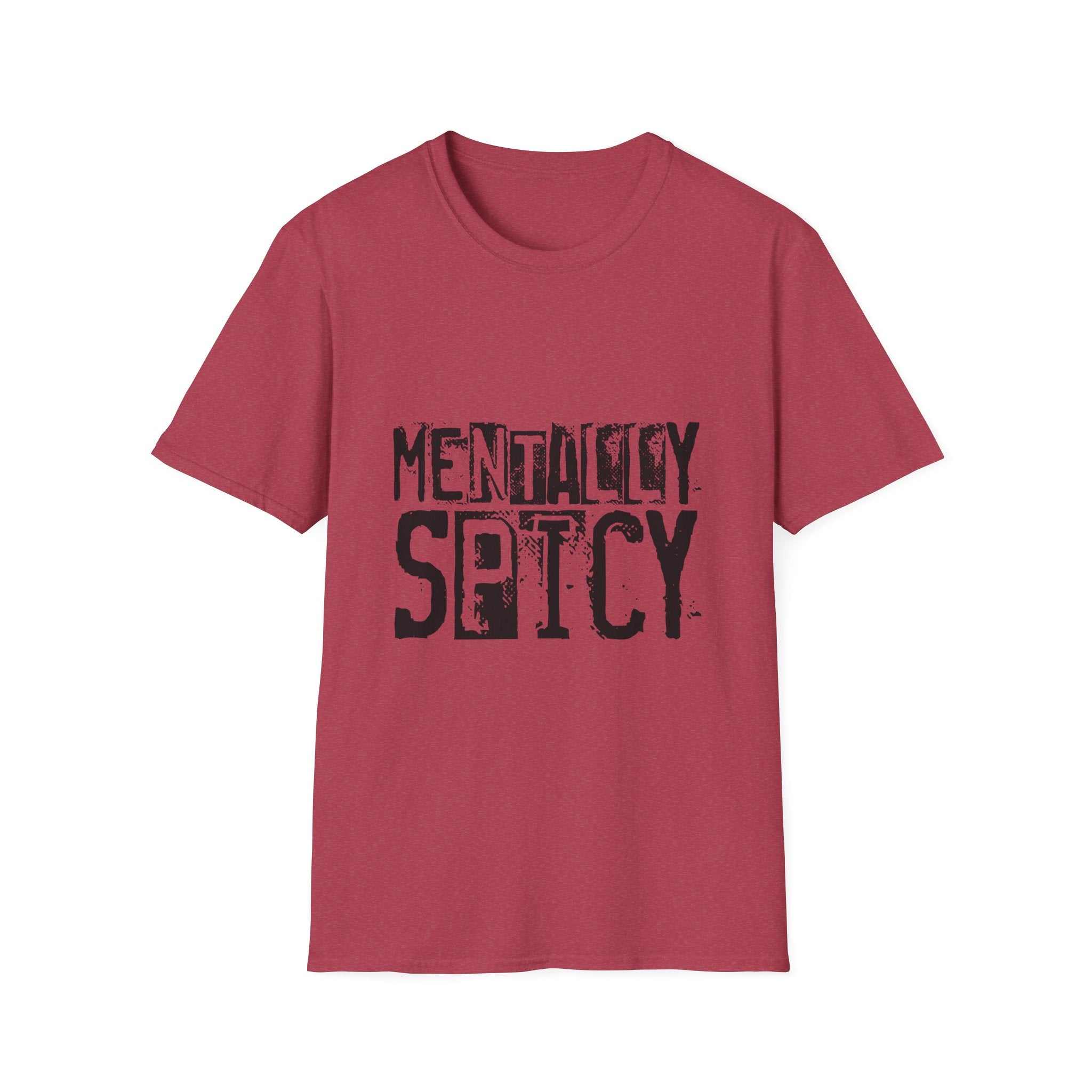 Red t-shirt with 'Mentally Spicy' text on a white background