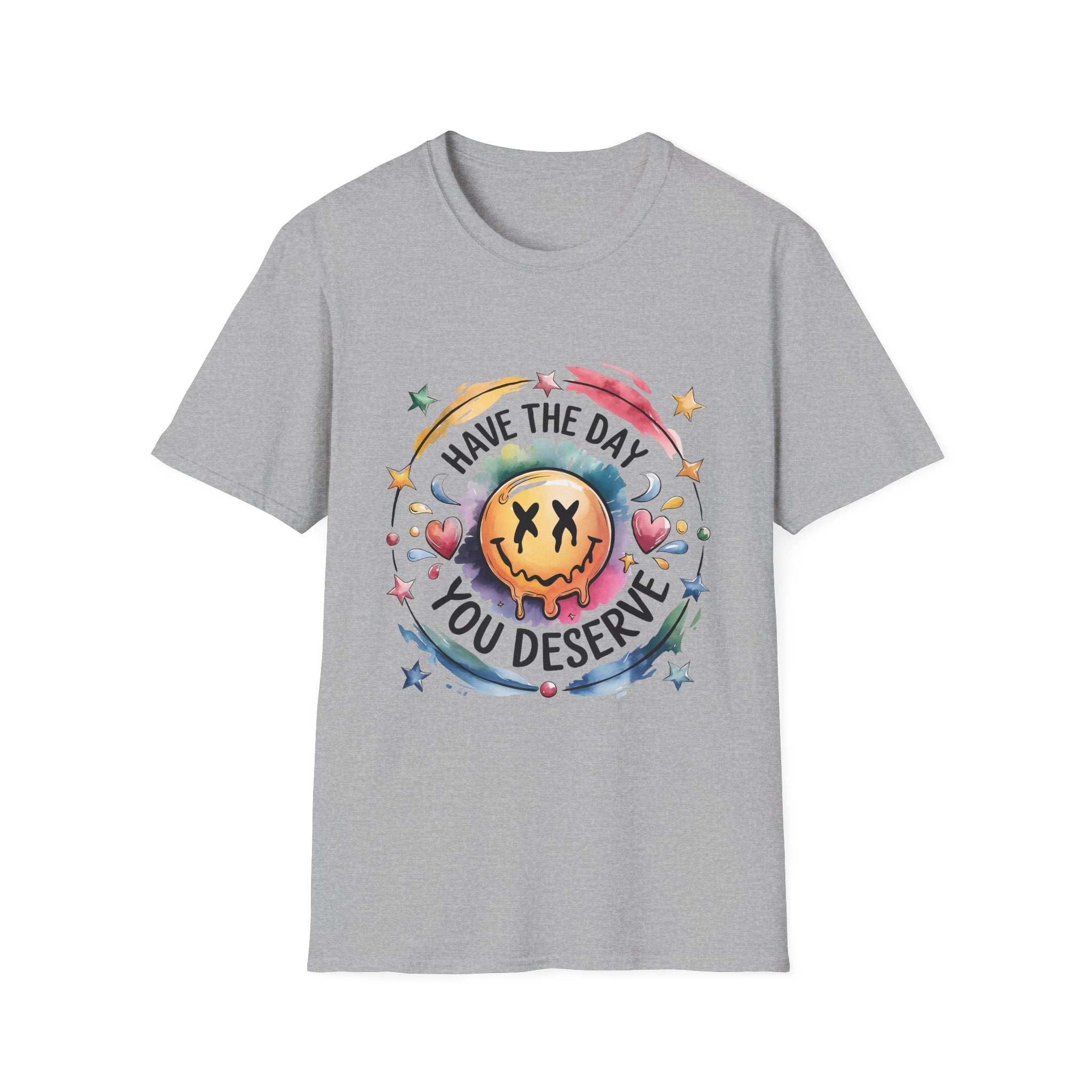 Gray t-shirt with colorful graphic and text 'Have the day you deserve' on a white background