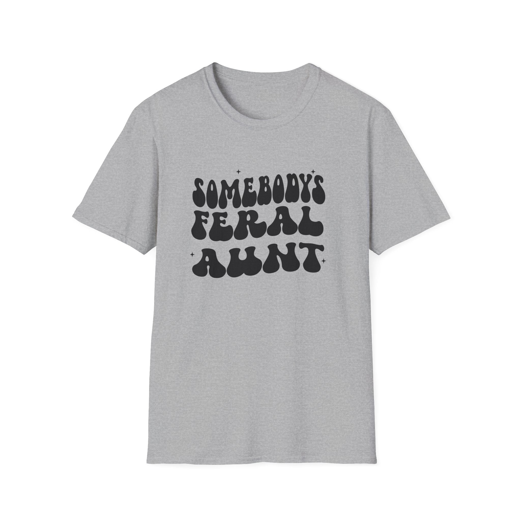 Gray t-shirt with black text 'SOMEBODY'S FERAL AUNT' on a white background