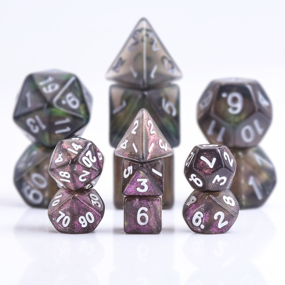 Purple Iridescent 7-Dice Mini-Dice RPG Set w/White Numbers Miniature Dice