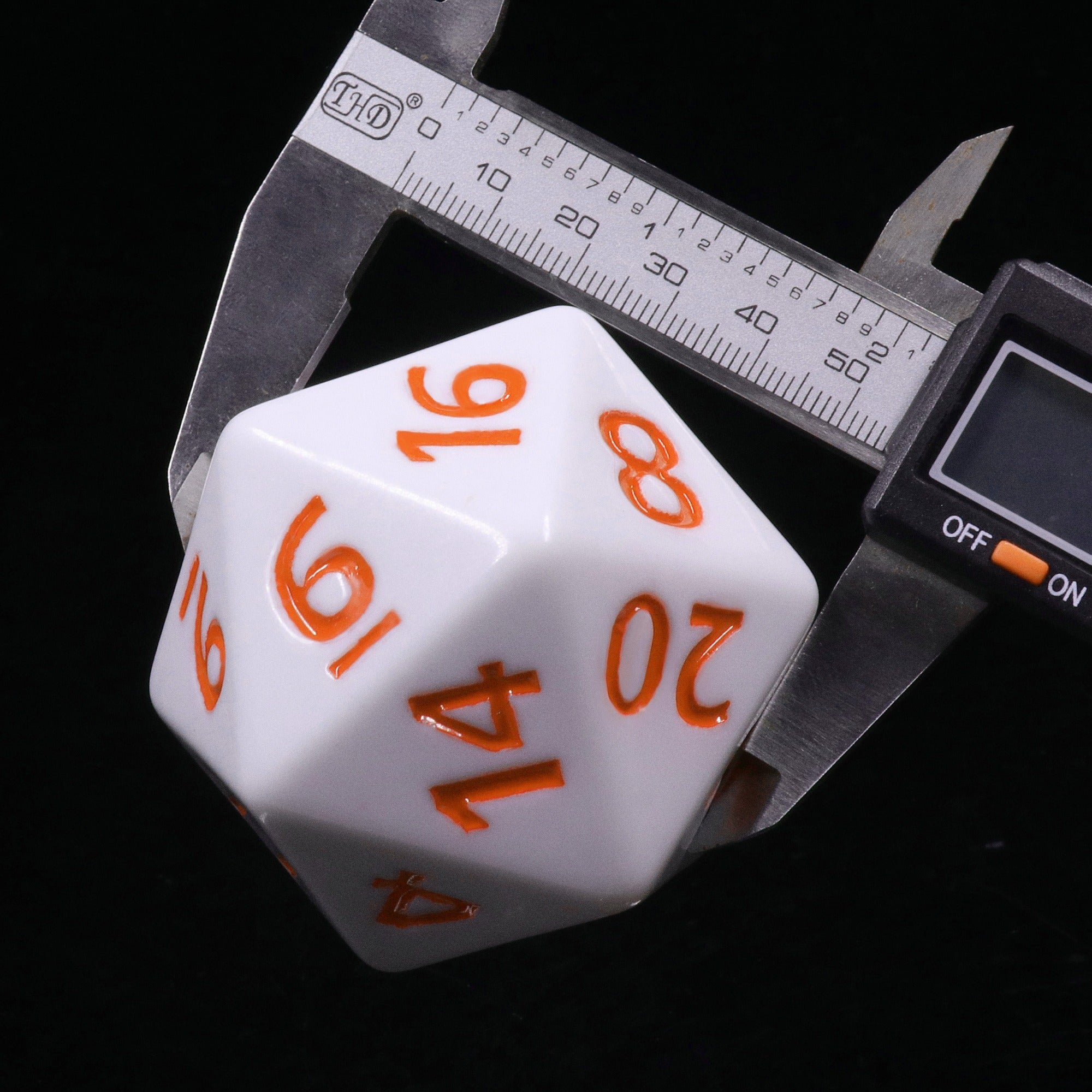 55mm Titan d20 (White with Orange) Huge d20 for DND RPG
