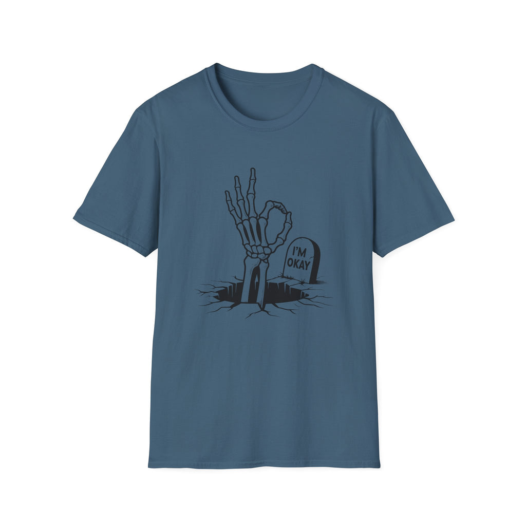 Blue t-shirt with skeleton hand and tombstone graphic on a white background