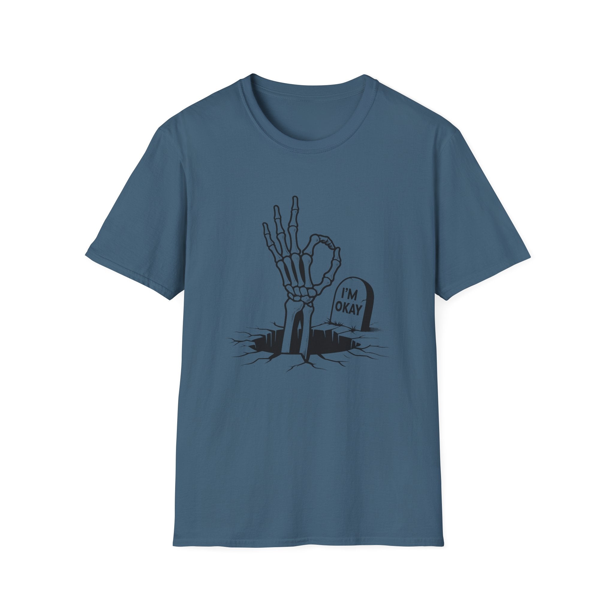 Blue t-shirt with skeleton hand and tombstone graphic on a white background