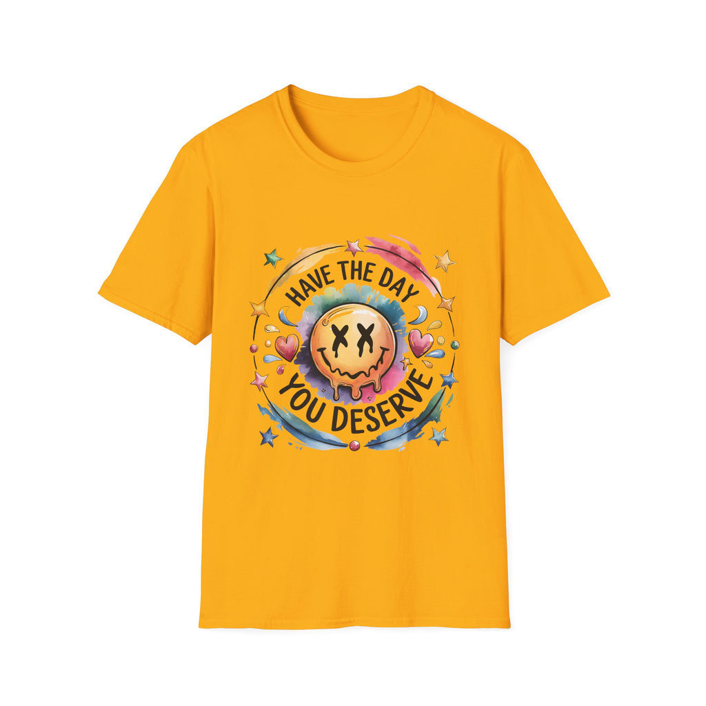 Yellow t-shirt with a colorful graphic and text on a white background