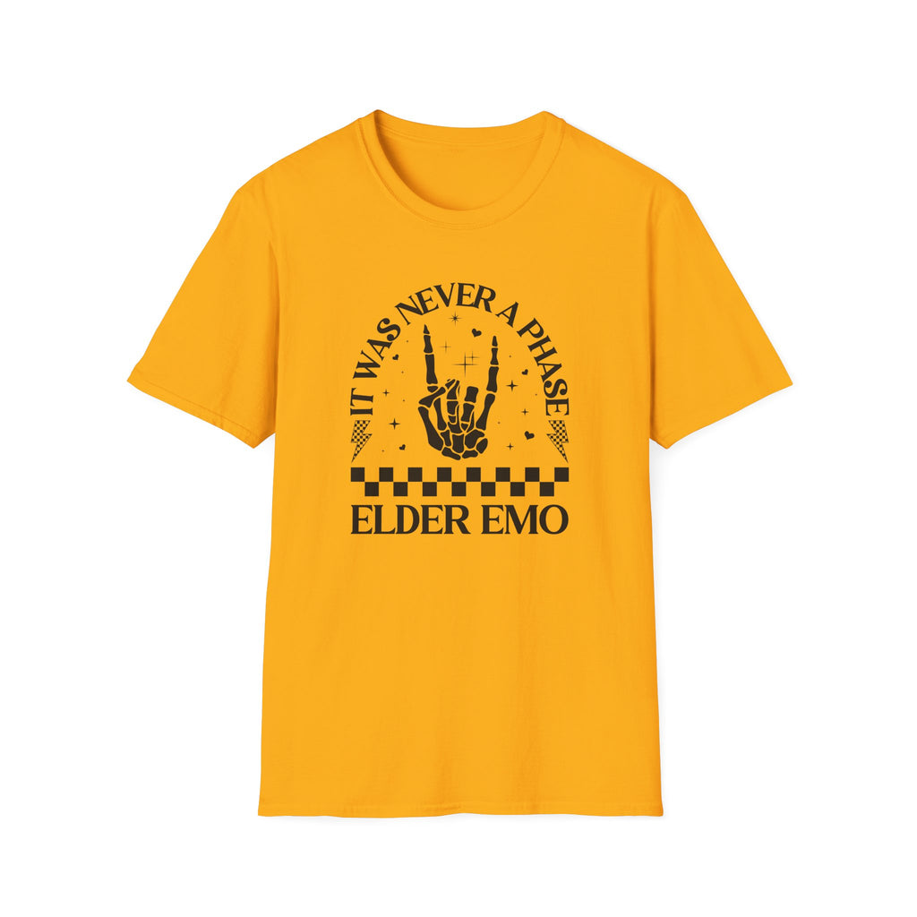 Yellow t-shirt with black graphic and text on a white background