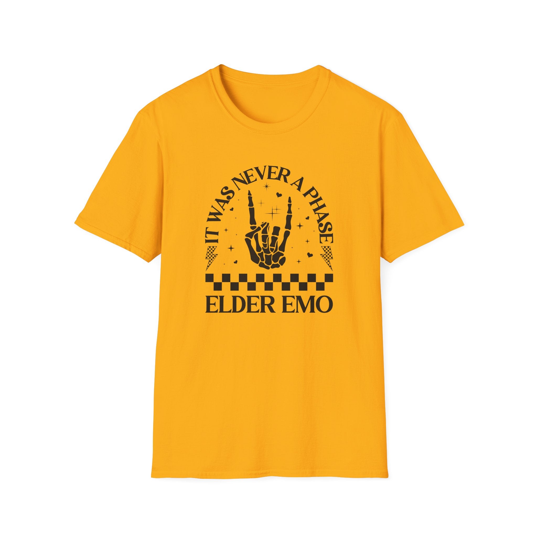 Yellow t-shirt with black graphic and text on a white background