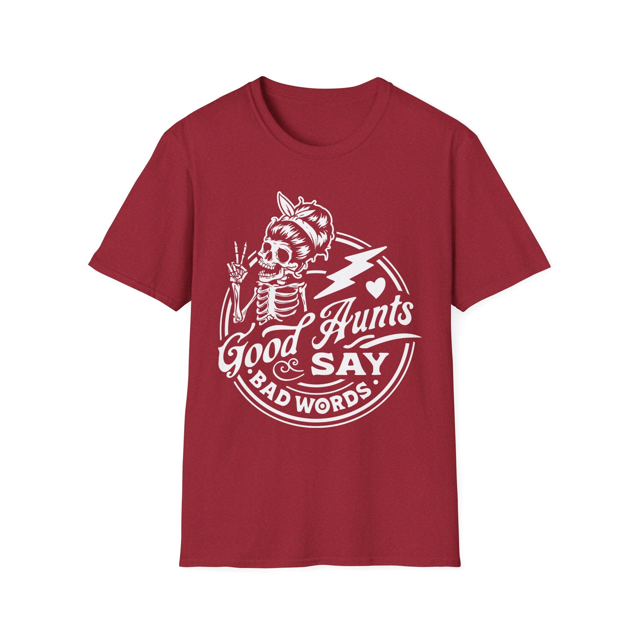 Red t-shirt with white graphic and text on a white background