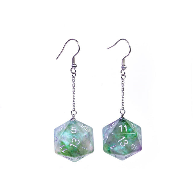 D20 polyhedral dice earrings with green and clear color scheme on a white background