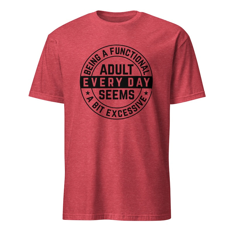 Red t-shirt with black text on a white background