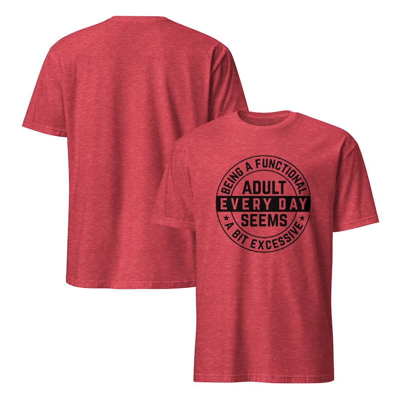 Red t-shirt with black text design on a white background