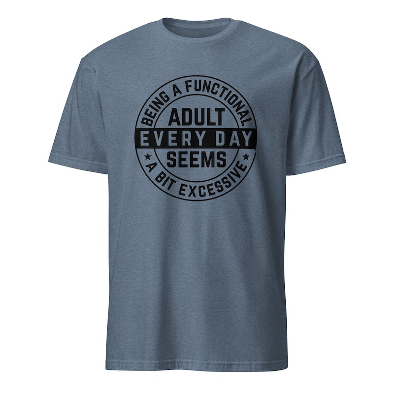 Blue t-shirt with black text on a white background