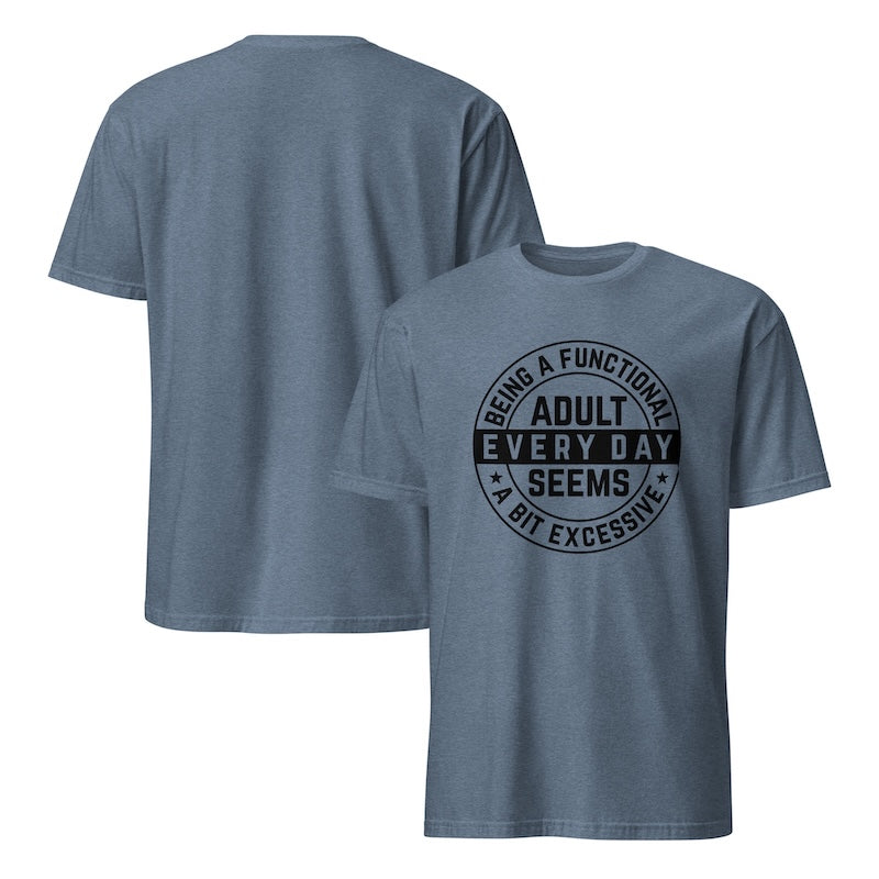 Blue t-shirt with black text on a white background