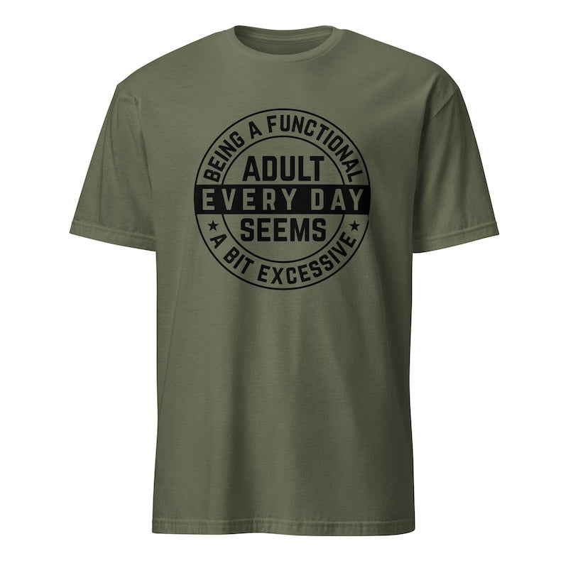 Green t-shirt with black text on a white background