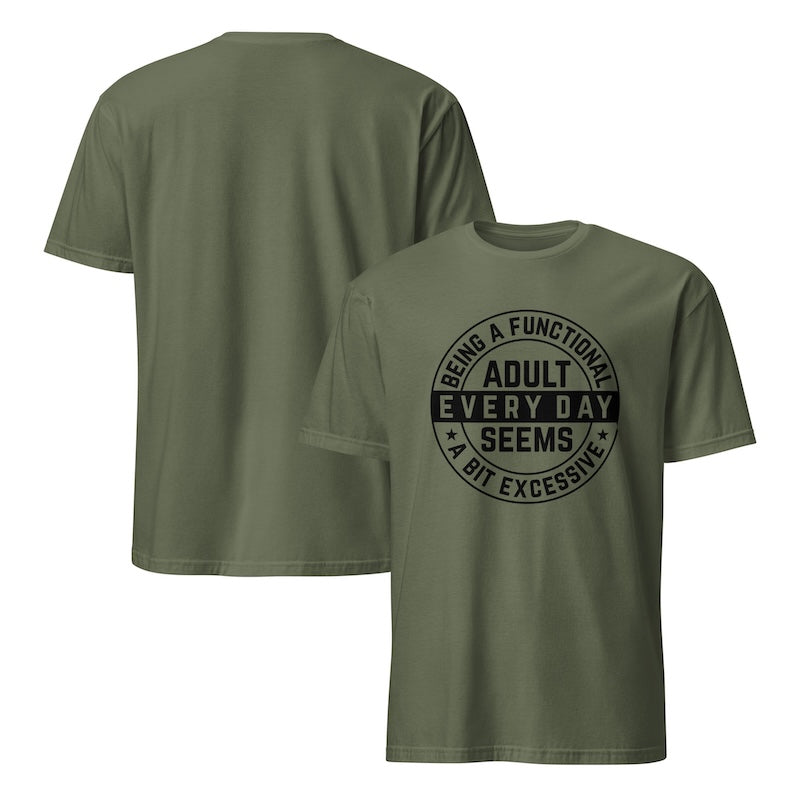 Green t-shirt with humorous text design on a white background