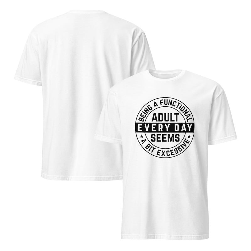 White t-shirt with black text design on a white background