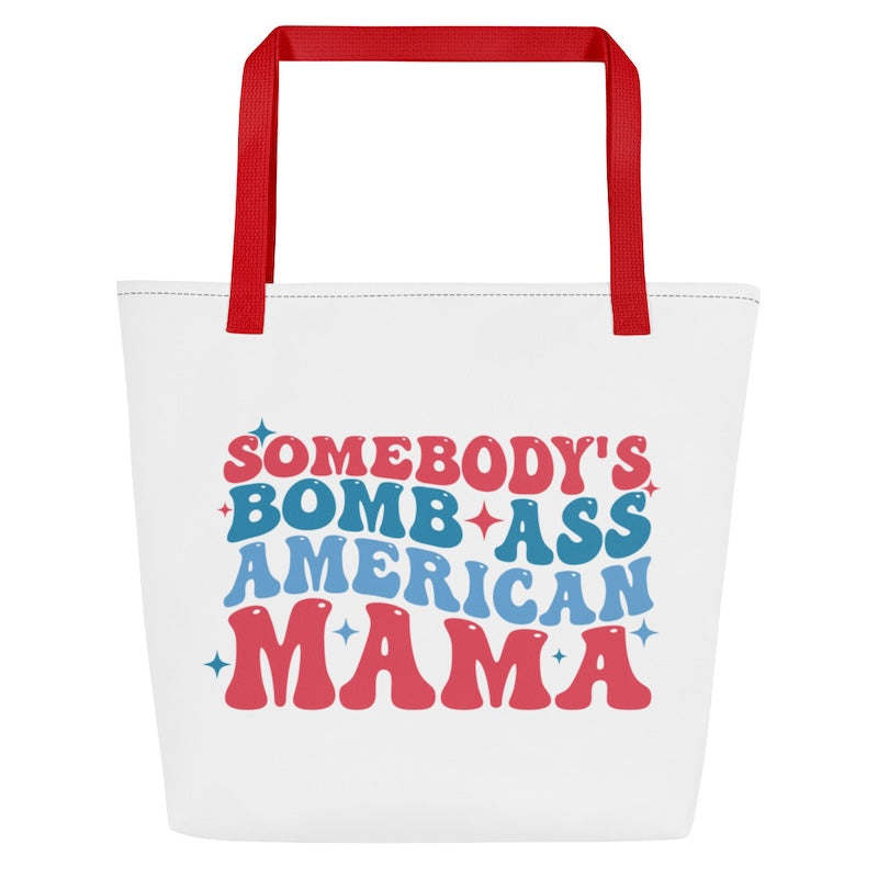 White tote bag with red handles and colorful text on a white background