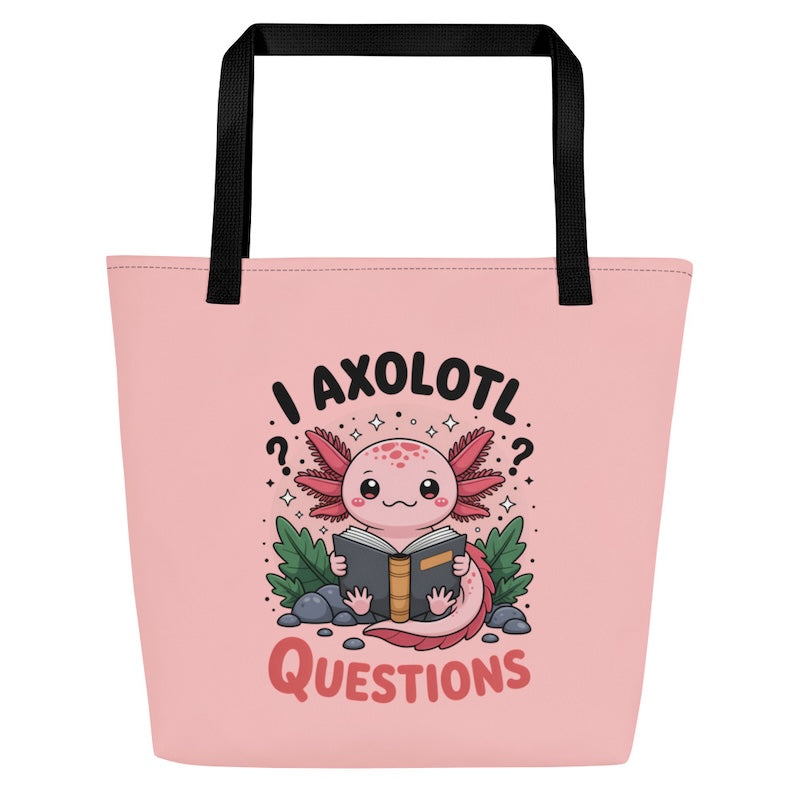 Pink tote bag with axolotl graphic and text on a white background